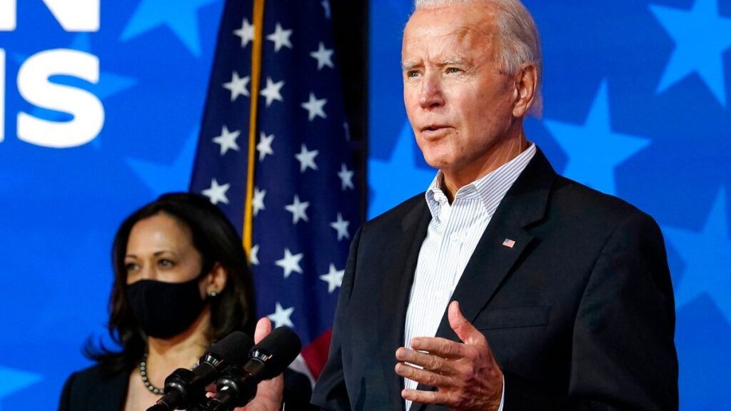 Democratic presidential candidate former Vice President Joe Biden speaks Thursday, Nov. 5, 2020, in Wilmington, Del. Democratic vice presidential candidate Sen. Kamala Harris, D-Calif., stands at left.