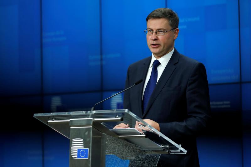 European Commission Vice-President Valdis Dombrovskis  at the European Council building in Brussels, Belgium, November 9, 2020. Francisco Seco/Pool via REUTERS