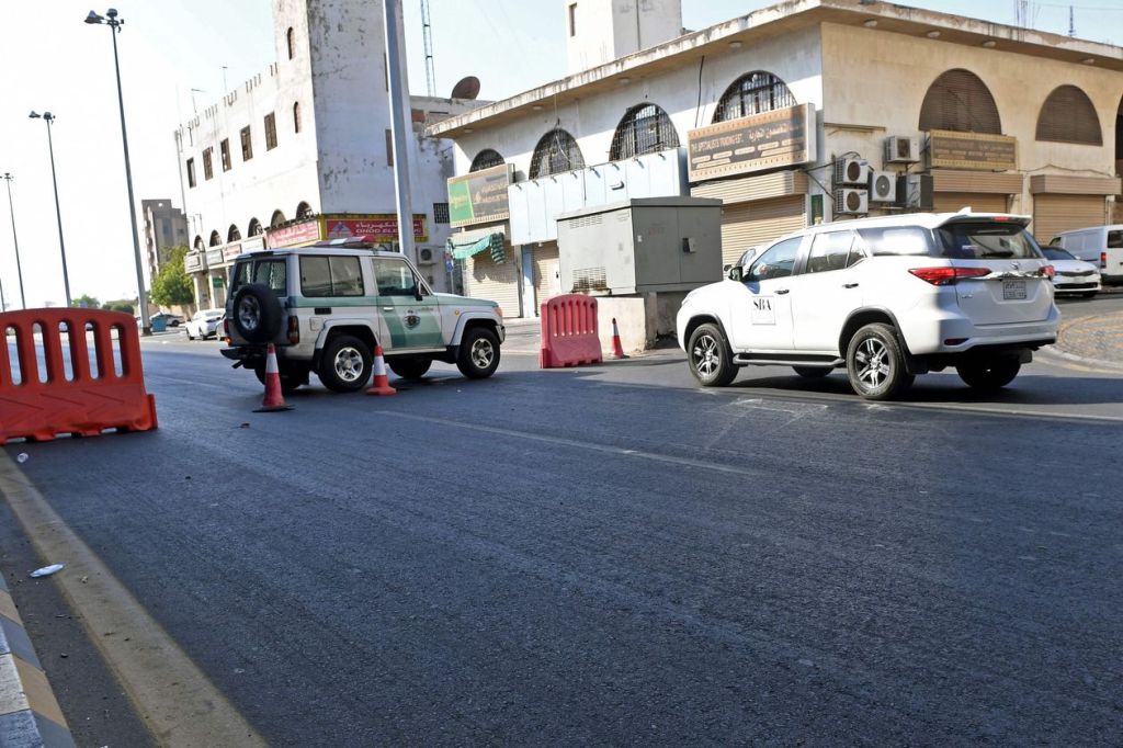 Saudi police close a street in Jeddah after a bomb attack at a World War I commemoration attended by European diplomats Wednesday.