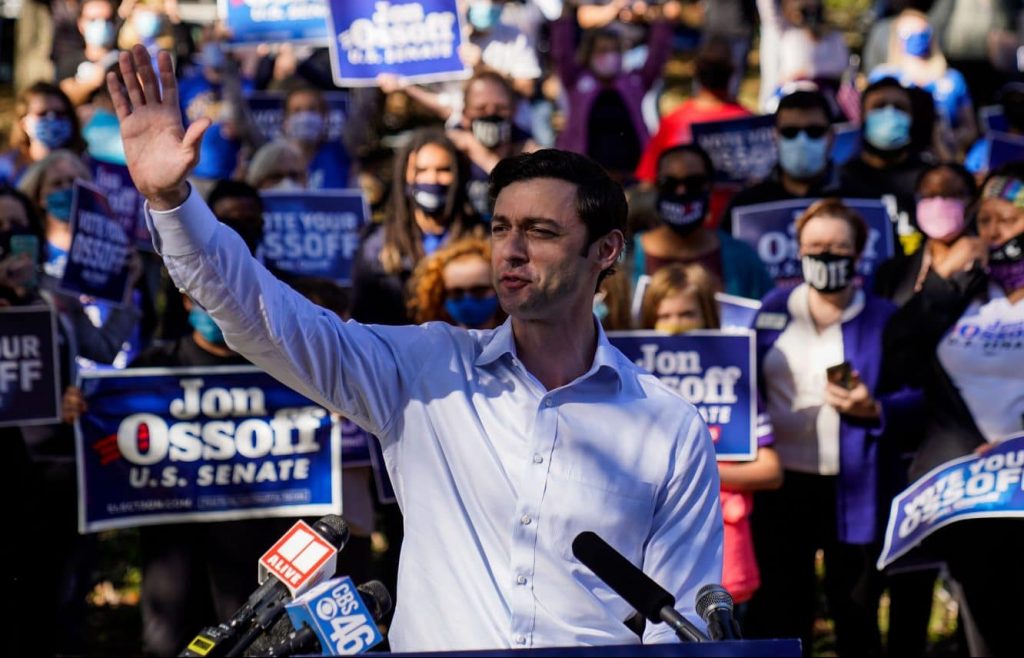 Jon Ossoff holds a campaign event at Grant Park on Friday, Nov. 6, 2020 in Atlanta, GA. Ossoff, who is challenging incumbent U.S. Sen. David Perdue, will likely forced into a January runoff between the two men.