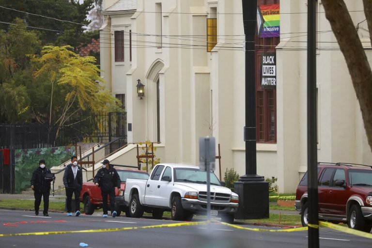 Members of the San Jose Police Department investigate a homicide scene at Grace Baptist Church on Monday, Nov. 23, 2020, in San Jose, Calif.