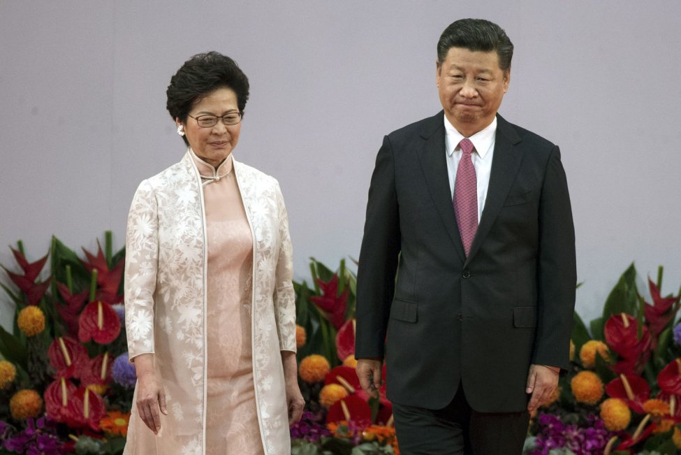 Hong Kong Chief Executive Carrie Lam (L) has agreed to receive Chinese vaccines amid skepticism about the product. File Photo by Jerome Favre/EPA