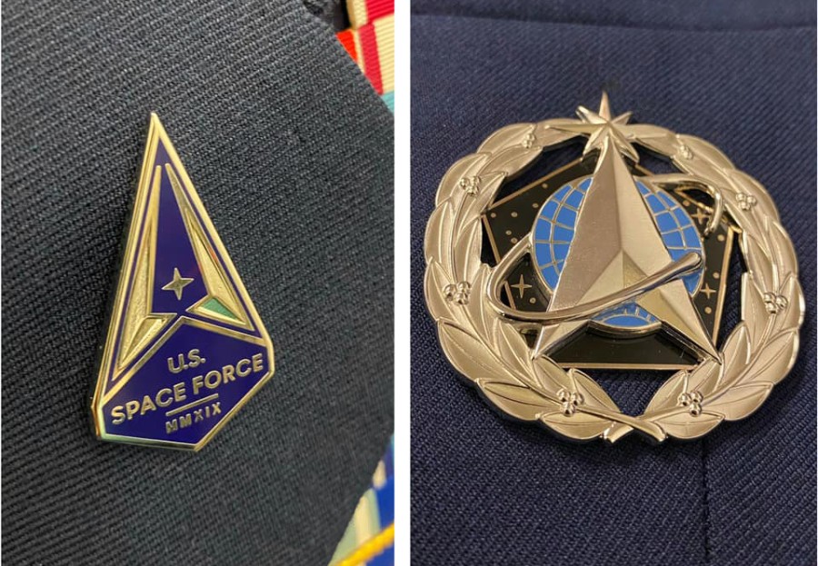 The Space Force lapel pin. left, and the service badge, right, will be how service members in the newest military branch distinguish themselves from airmen for now.

U.S. SPACE FORCE