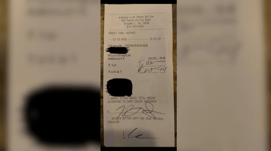 The restaurant receipt with the tremendous tip, pictured. (Anthony's at Paxon Hollow)