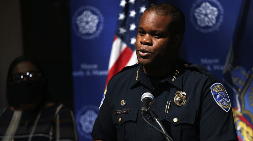 Police Chief La'Ron Singletary addresses members of the media during a press conference related to the ongoing protest in the city on Sept. 6, 2020, in Rochester, N.Y.