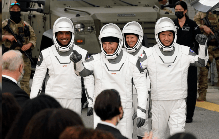 Astronauts, from left, Victor Glover, Michael Hopkins, Shannon Walker and Japan Aerospace Exploration Agency astronaut Soichi Noguchi.