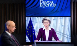 German Klaus Schwab, left, Founder and Executive Chairman of the World Economic Forum, WEF, listens to European Commission President Ursula von der Leyen,