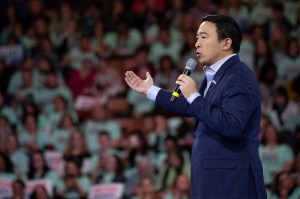 Andrew Yang speaks during the McIntyre-Shaheen 100 Club Dinner, Saturday, Feb. 8, 2020, in Manchester, N.H