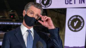 California Gov. Gavin Newsom speaks to reporters at Golden 1 Center in Sacramento, Calif. Gov. (Renée C. Byer/The Sacramento Bee via AP, Pool, File)