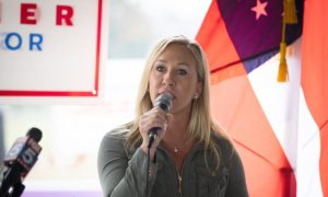 Then-Georgia Republican House candidate Marjorie Taylor Greene at a press conference in Dallas, Georgia, on Oct. 15, 2020.