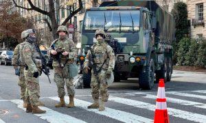 National Guard troops stand guard in Washington on Jan. 19, 2021.