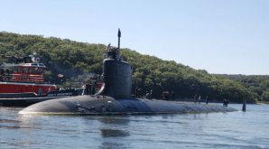The attack submarine USS Virginia departs Naval Submarine Base New London en route to Portsmouth Naval Shipyard in Kittery, Maine in 2010.