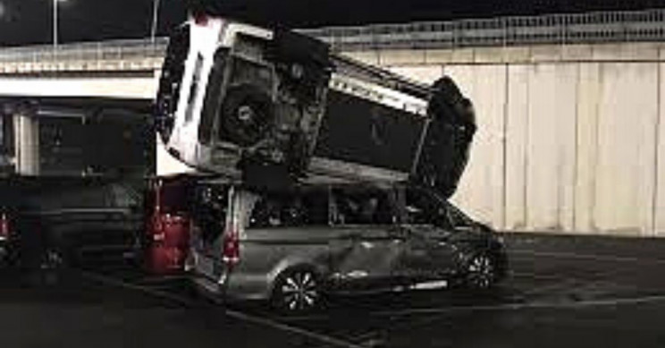 The rampaging man stacked vans with his hijacked bulldozer. Source: Irlandarra / Twitter