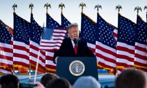 Then-President Donald Trump speaks to supporters at Joint Base Andrews before boarding Air Force One for his last time as President in Joint Base Andrews, Maryland on Jan. 20, 2021.