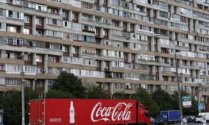 A truck transports bottles from the Coca-Cola company on the outskirts of Moscow on Aug. 6, 2014. (Reuters/Maxim Shemetov)