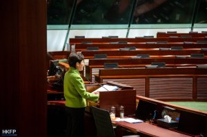 Chief Executive Carrie Lam attends a Q&A session at the Legislative Council on February 4, 2021.