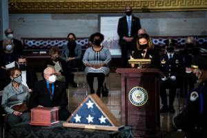 U.S. Speaker of the House Nancy Pelosi (D-CA) speaks during a congressional tribute to the late Capitol Police officer Brian Sicknick who lies in honor in the Rotunda of the U.S. Capitol on February 3, 2021 in Washington, DC.