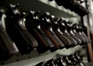 Row of handguns. (US Coast Guard Academy/Released)