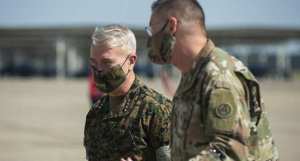 Marine Corps Gen. Frank McKenzie, commander U.S. Central Command, with U.S. Army Lt. Gen. Terry Ferrell, U.S. Army Central commanding general,