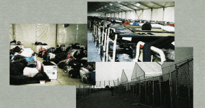Collage of photos from inside Fort Bliss immigration facility (Source: Anonymous, Reason)