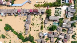 A village is flooded in Sanjiao Township of the Yongxiu County in eastern China's Jiangxi province, China, on July 13, 2020.