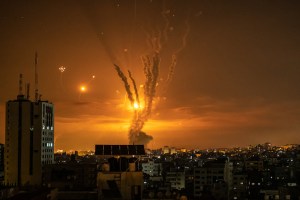 A photograph shows rockets launched towards Israel from the northern Gaza Strip / Getty Images