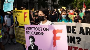 Demonstrators protest Chicago Mayor Lori Lightfoot on the second anniversary of the mayors time in office near her home in the Logan Square neighborhood in Chicago, Illinois on May 20, 2021.