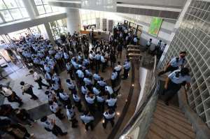 Dozens of Hong Kong police enter Apple Daily’s headquarters in Tseung Kwan O on June 17, 2021.