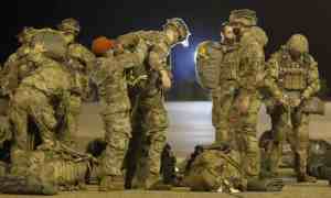 Members of 173rd airborne brigade of the US army and prepare to be dropped into Bulgaria on 11 Ma