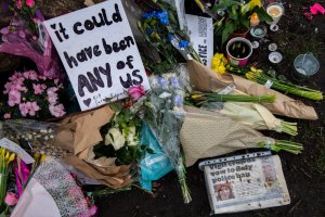 LONDON, ENGLAND – MARCH 16: Floral tributes left at Clapham Common bandstand where people continue to pay their respects to Sarah Everard on March 16, 2021.