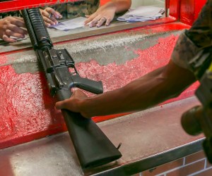 A recruit receives a rifle at Marine Corps Recruit Depot, Parris Island, S.C.
