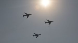 H-6K bombers fly over Beijing on Oct. 1, 2019. (Greg Baker/AFP via Getty Images)