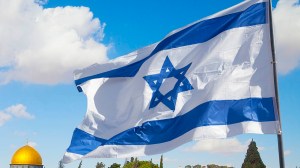 Israel flag with a view of old city Jerusalem and the KOTEL- Western wall