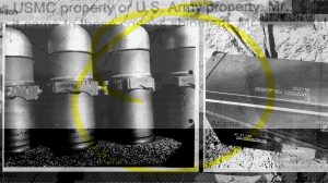 A photo illustration combining photos of grenades collected as evidence in an investigation into stolen military explosives.