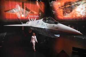 A prototype of Russia's prospective fighter jet is displayed at the MAKS-2021 International Aviation and Space Salon in Zhukovsky outside Zhukovsky, Russia, Tuesday, July 20,