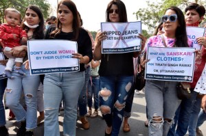 Women protest in New Delhi, India, after Uttarakhand chief minister Tirath Singh Rawat criticized females for wearing ripped jeans on March 19, 2021.Hindustan Times via Getty Images