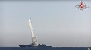 Tsirkon (Zircon) hypersonic cruise missile is fired from guided missile frigate Admiral Gorshkov in the White Sea in this still image taken from video.
