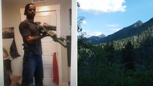 Everett, pictured left in an undated social media photo, holds what appears to be a rifle with a magazine. Authorities shared a photo, right, of the approximate location near Provo Canyon where Everett was taken into custody on Friday.
