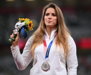 Silver medalist Maria Andrejczyk of Team Poland at the Tokyo 2020 Olympic Games at Olympic Stadium on August 07, 2021 in Tokyo, Japan. (Matthias Hangst/Getty Images)
