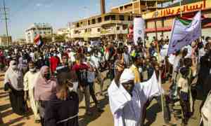 Demonstrators in Khartoum march in support of the interim government and the transition to full civilian rule. Photograph: Anadolu Agency/Getty Images