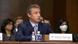 Hampton Dellinger, nominated to serve as the assistant attorney general for the U.S. Justice Department's Office of Legal Policy, appears before a U.S. Senate Judiciary Committee hearing in Washington, D.C., on July 28, 2021. U.S. Senate/Handout via Reuters