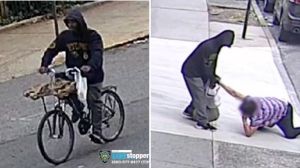 Surveillance stills of a suspect caught on video attacking and trying to rob a 65-year-old woman in Fort Greene, Brooklyn on Sept. 28, 2021, police said. (NYPD)