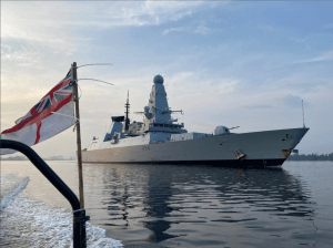 U.K. Royal Navy guided-missile destroyer HMS Diamond (D-34) leaving Singapore on Oct. 8, 2021. Royal Navy Photo