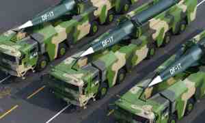 Military vehicles carrying the DF-17 hypersonic ballistic missile at a parade in Beijing in October 2019.
Photograph: Xinhua News Agency Handout/EPA