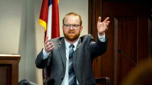 Travis McMichael speaks from the witness stand during his trial Wednesday, Nov. 17, 2021,(AP Photo/Stephen B. Morton, Pool)