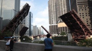 CHICAGO, ILLINOIS - AUGUST 10: Bridges that lead into the city were raised to limit access after widespread looting and vandalism took place, on August 10, 2020 in Chicago, Illinois.  (Photo by Scott Olson/Getty Images)