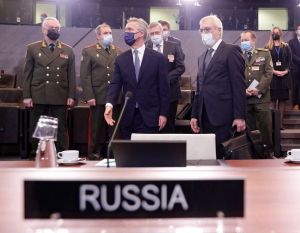 Russian Deputy Foreign Minister Alexander Grushko and NATO Secretary General Jens Stoltenberg are seen during NATO-Russia Council at the Alliance's headquarters in Brussels, Belgium January 12, 2022. Olivier Hoslet/Pool via REUTERS