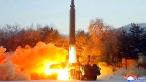 North Korean government released photo of what it says is a test launch of a hypersonic missile in North Korea Wednesday, Jan. 5, 2022. (Korean Central News Agency/Korea News Service via AP)