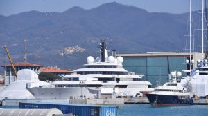 Scheherazade, one of the world's biggest and most expensive yachts allegedly linked to Russian billionaires, is moored in the harbor of the small Italian town of Marina di Carrara, Italy, on March 23, 2022. (REUTERS/Jennifer Lorenzini)