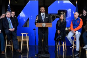 NYC Mayor Eric Adams made the vaccine mandate exemption announcement at Citifield while flanked by Mets president Sandy Alderson, Yankees president Randy Levine, NYC deputy mayor Maria Torres-Springer, and dozens of stadium vendors and employees.